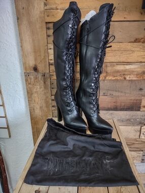 Women's Black Over-the-Knee Lace-Up Heeled Boots